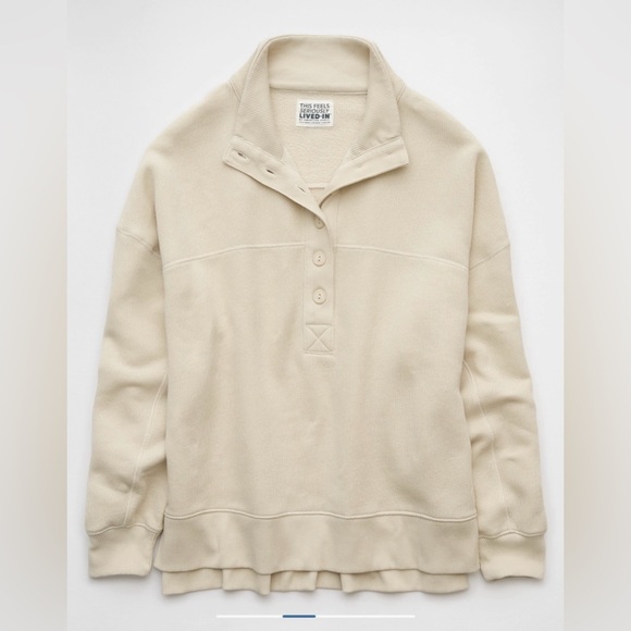 American Eagle Women’s Big Hug Henley Sweatshirt Color Cream Size M - Picture 4 of 7